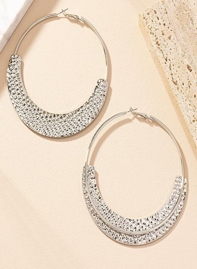 MarveBard Chunky Gold Hoop Earrings for Women Trendy Chunky Hoops Earrings Vintage Bohemia Textured Statement Earrings Lightweight Hypoallergenic Large Big Circle Hoop Earrings Wedding Ball Party Jewelry (Silver) - Image 4